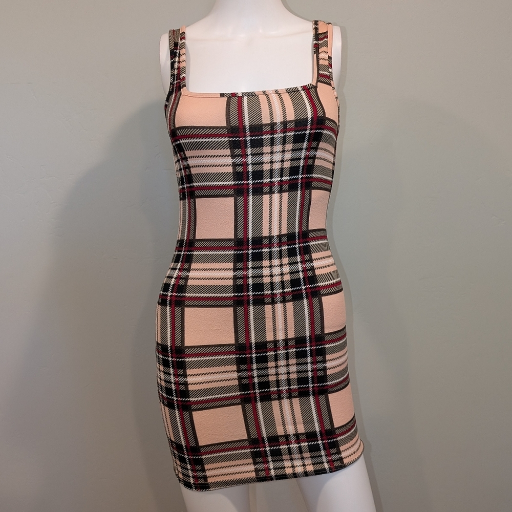 SHEIN Pink And Black Plaid Square Neck And Back Bodycon Mini Dress Size Small